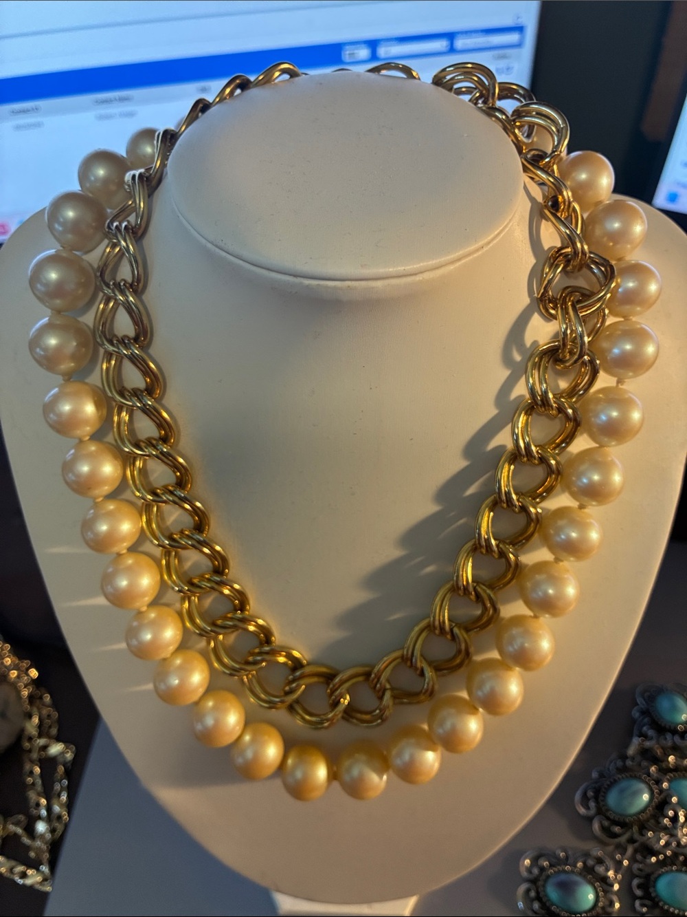 Gold-Tone Chain and Pearl Statement Necklace 16 inch